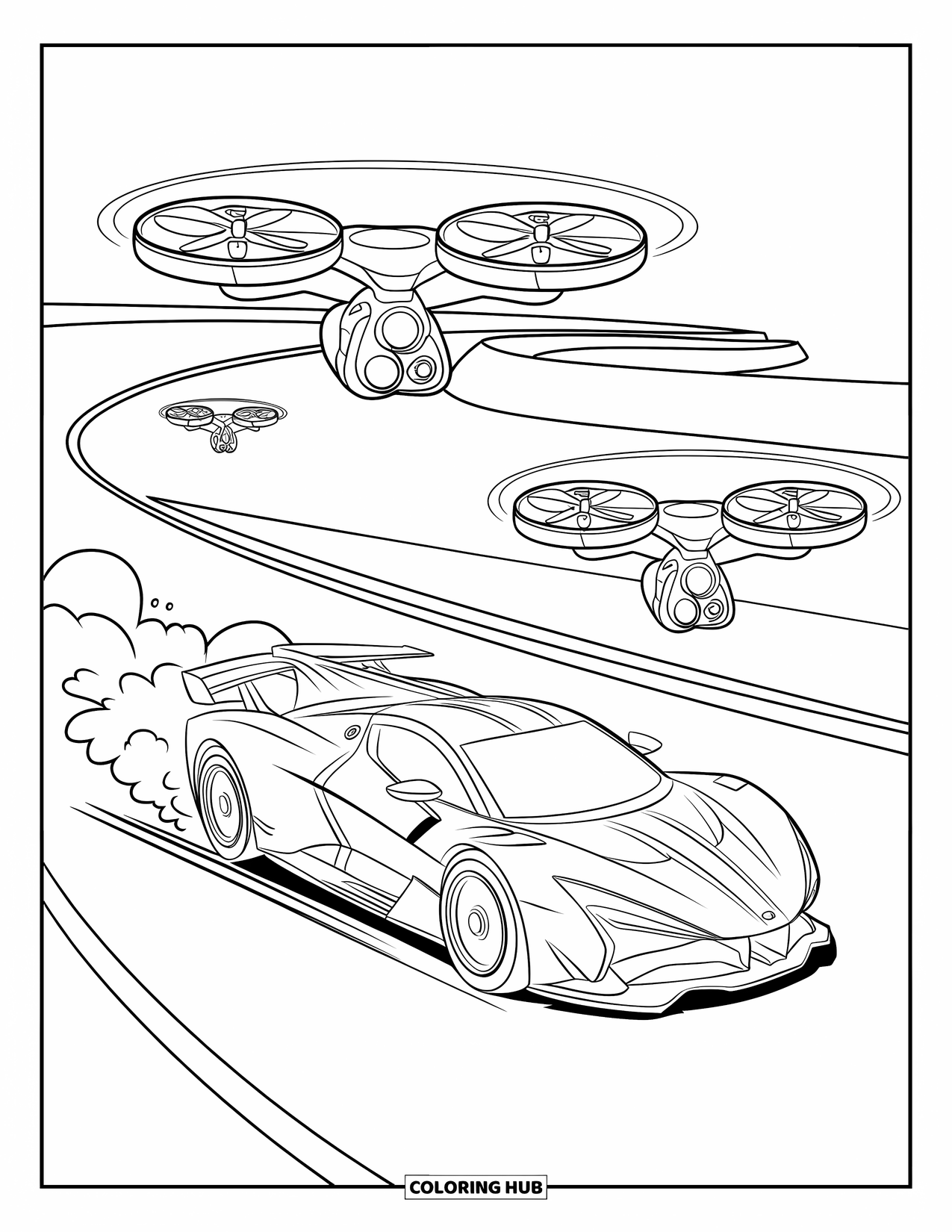 Supercar Coloring Page for Kids: Supercar zips past flying drones on a sharp race track