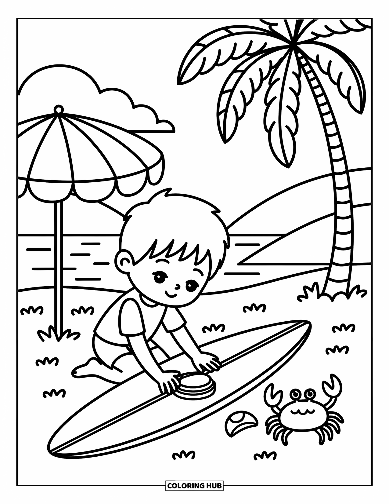 Surfing Coloring Page for Adults: A boy kneels in the sand, waxing his surfboard beside a tiny crab