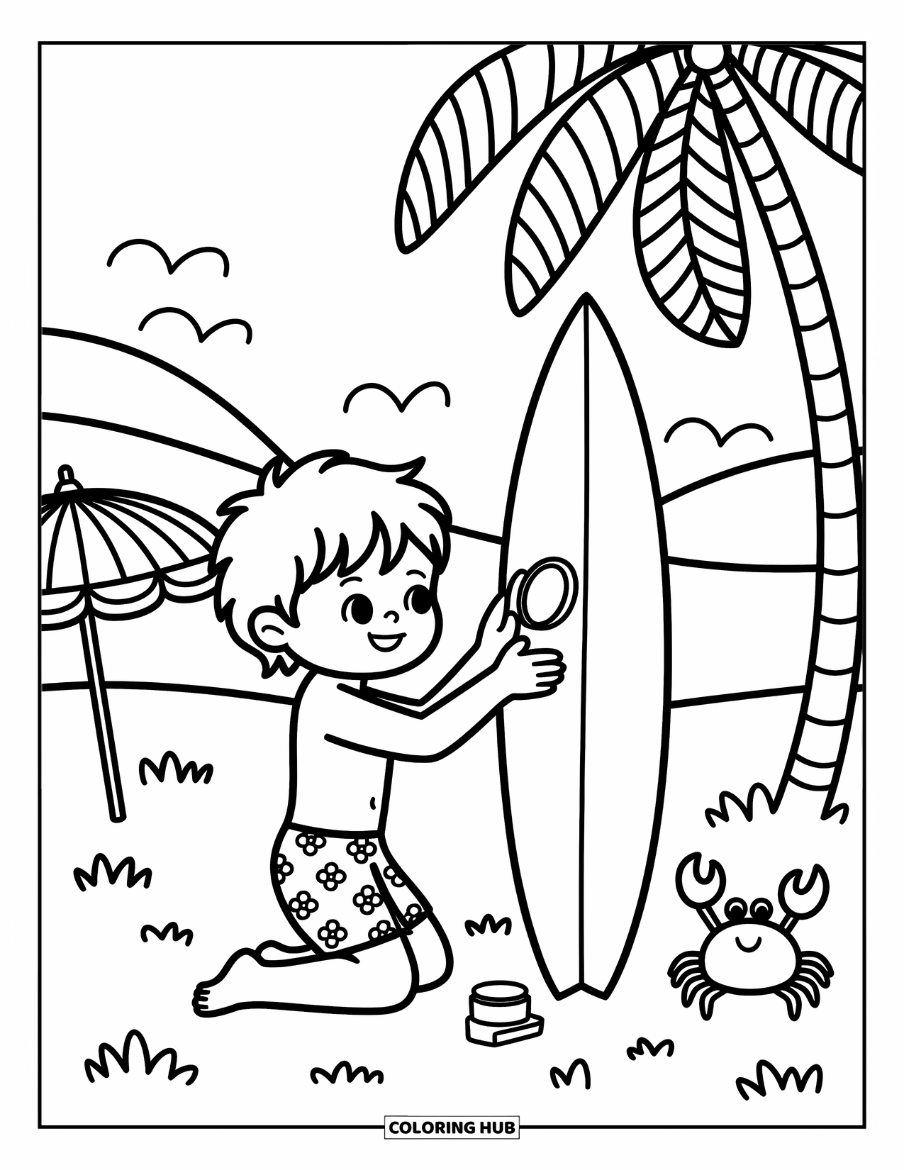 Surfing Coloring Page for Adults: A cheerful boy waxes his surfboard as a crab watches nearby