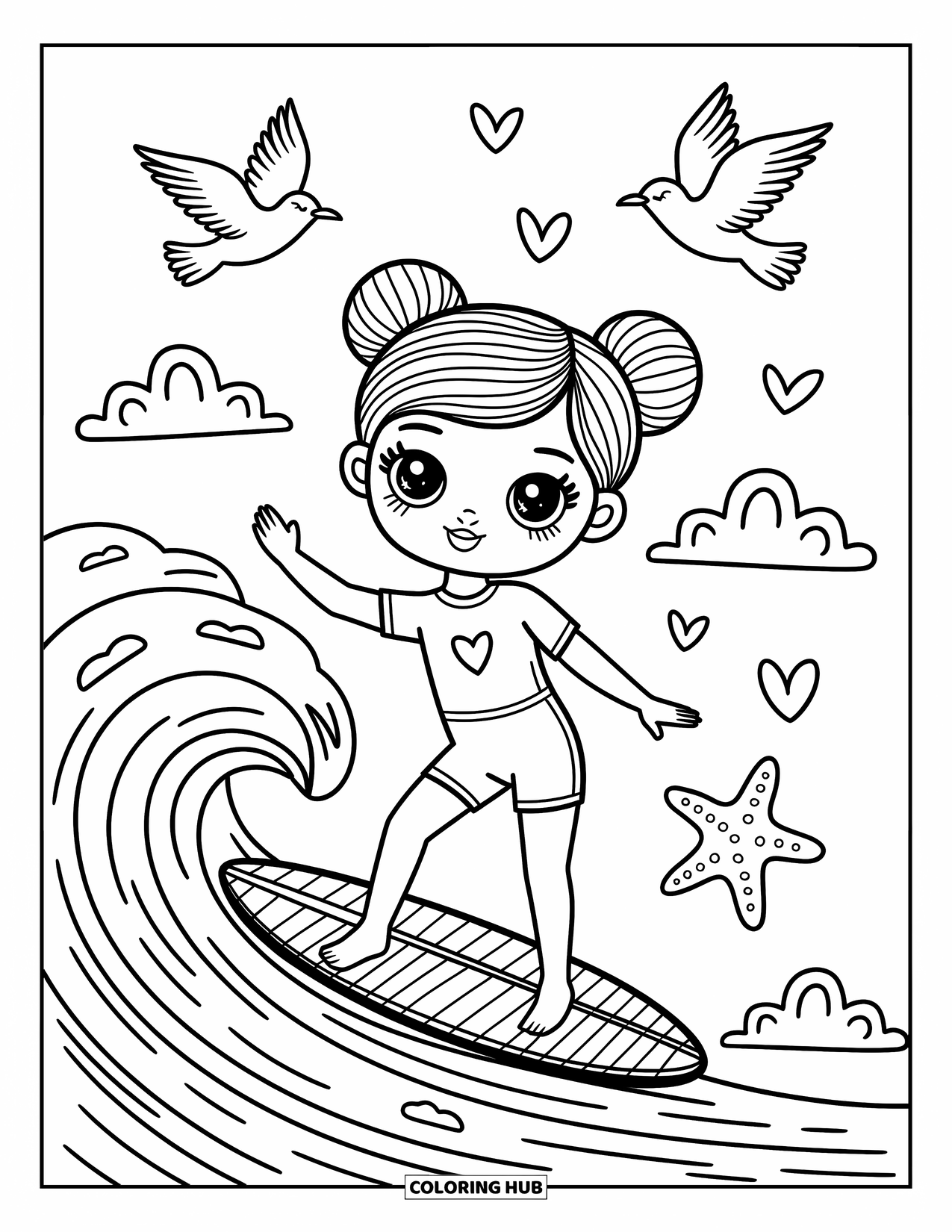 Surfing Coloring Page for Adults: A girl with bun hair rides a small wave on a patterned surfboard