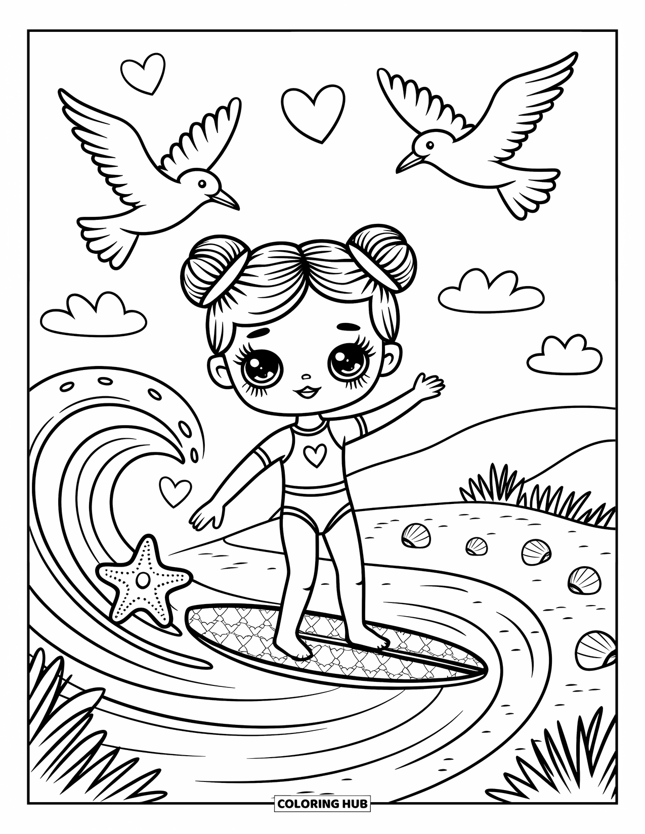 Surfing Coloring Page for Adults: A happy surfer girl rides a wave as a starfish peeks from the crest