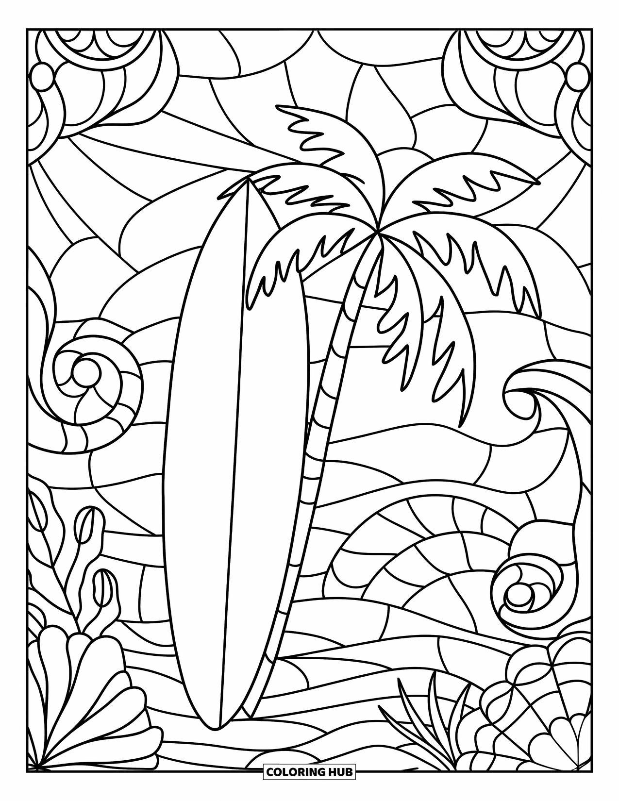 Surfing Coloring Page for Adults: A palm tree and surfboard rest before swirling stained-glass ocean patterns