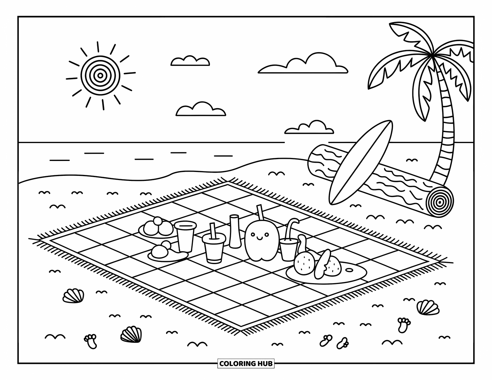 Surfing Coloring Page for Adults: A peaceful seaside picnic with a surfboard and palm tree shading the sand