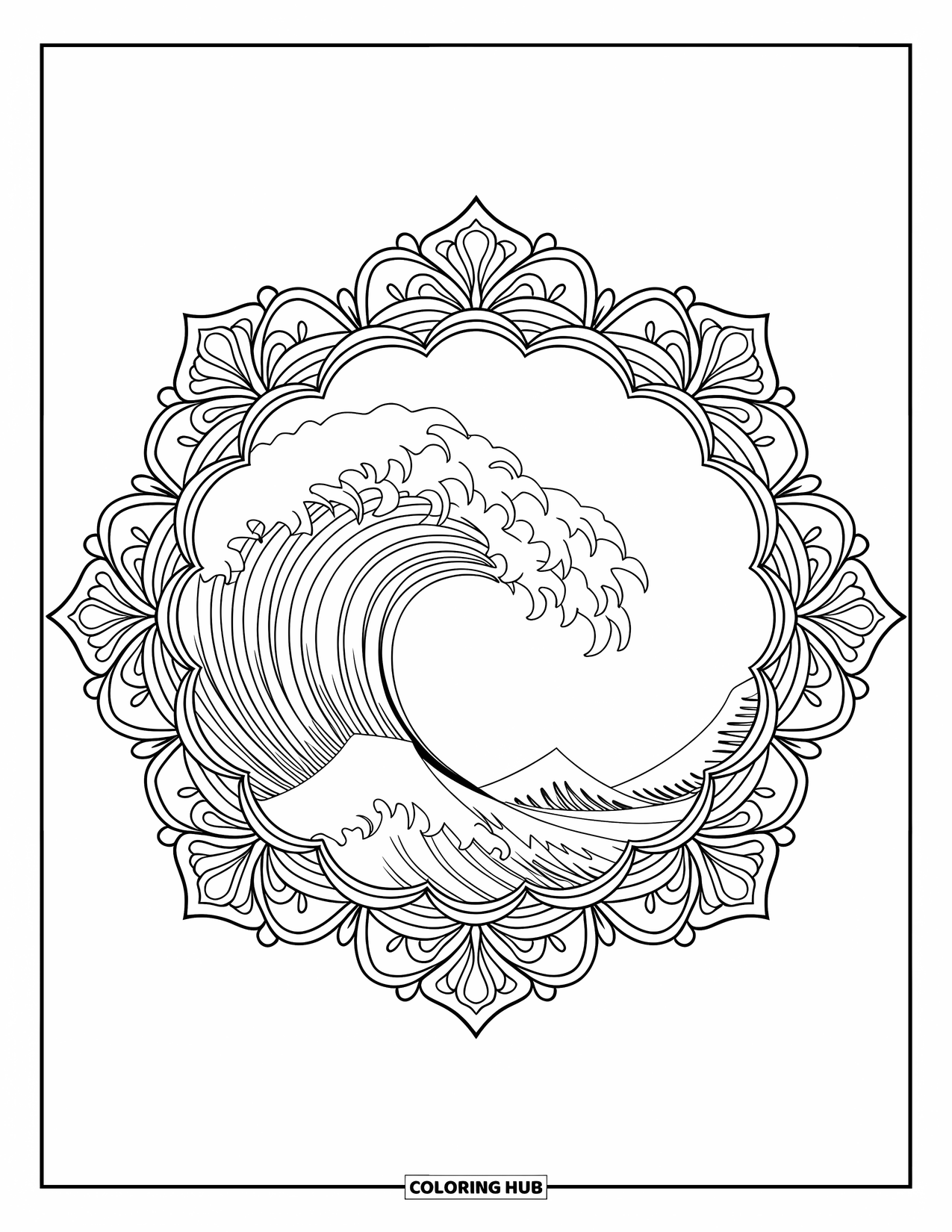 Surfing Coloring Page for Adults: A powerful wave framed by delicate botanical mandala patterns