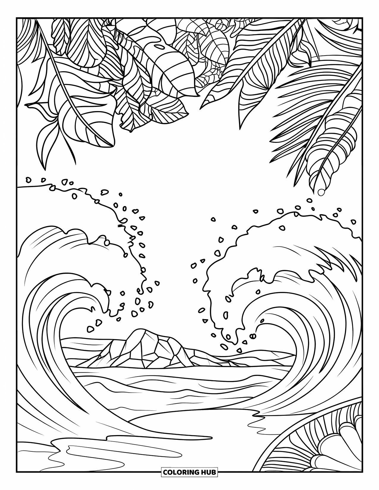 Surfing Coloring Page for Adults: A rocky beach and waves meet beneath an ornate tropical mandala