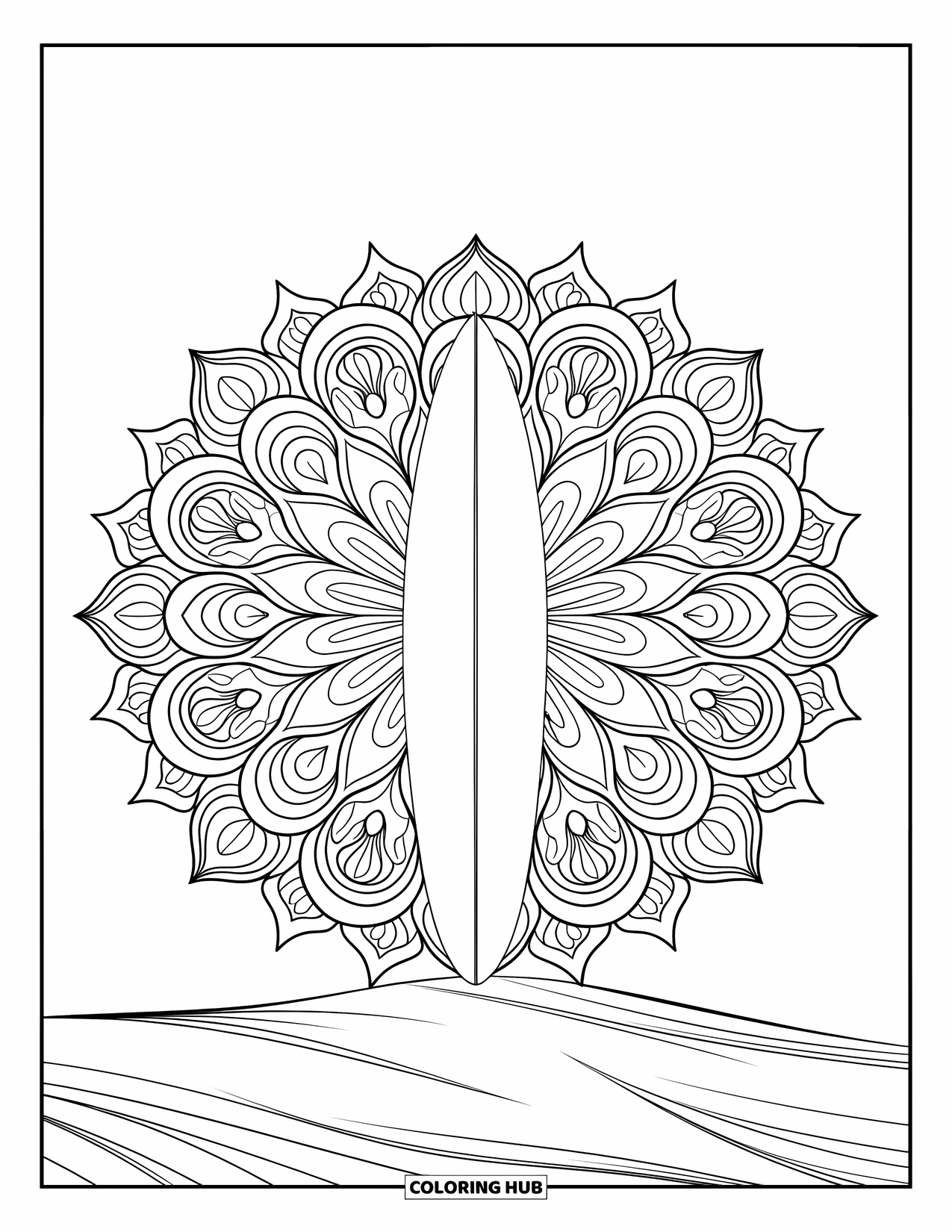 Surfing Coloring Page for Adults: A single surfboard rises from sand surrounded by floral wave designs