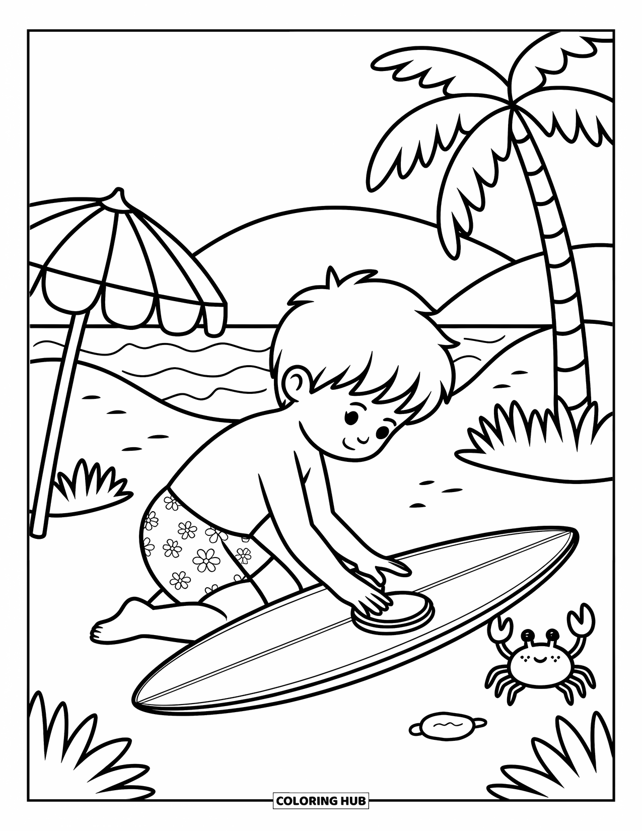Surfing Coloring Page for Adults: A smiling boy polishes his surfboard near a palm tree and umbrella