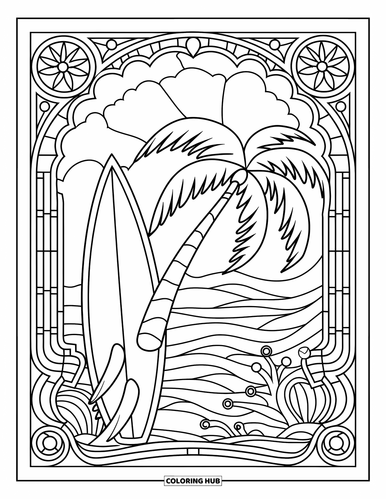 Surfing Coloring Page for Adults: A surfboard leans by a palm amid stained-glass sea plants and waves