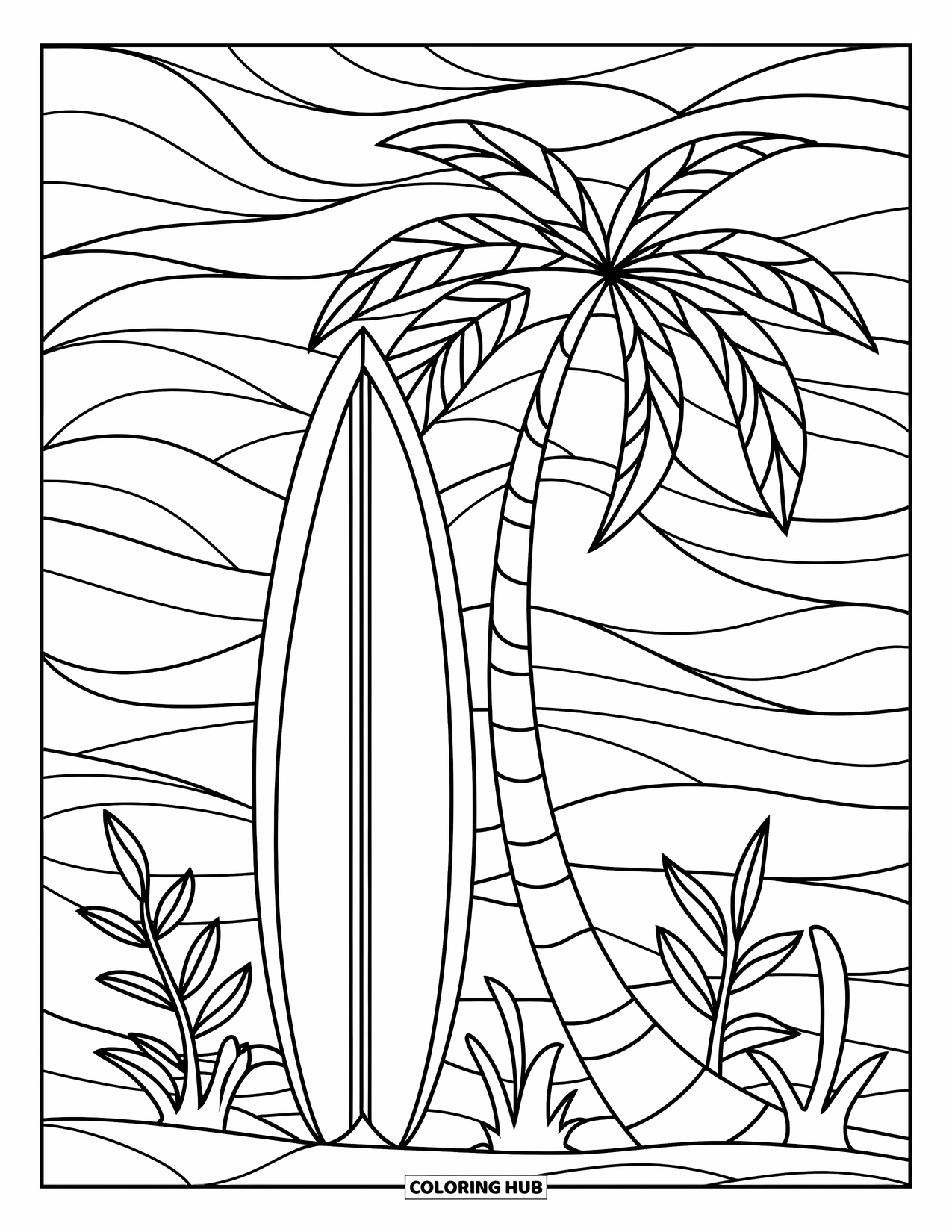 Surfing Coloring Page for Adults: A surfboard leans on a palm tree with stained-glass ocean swirls behind