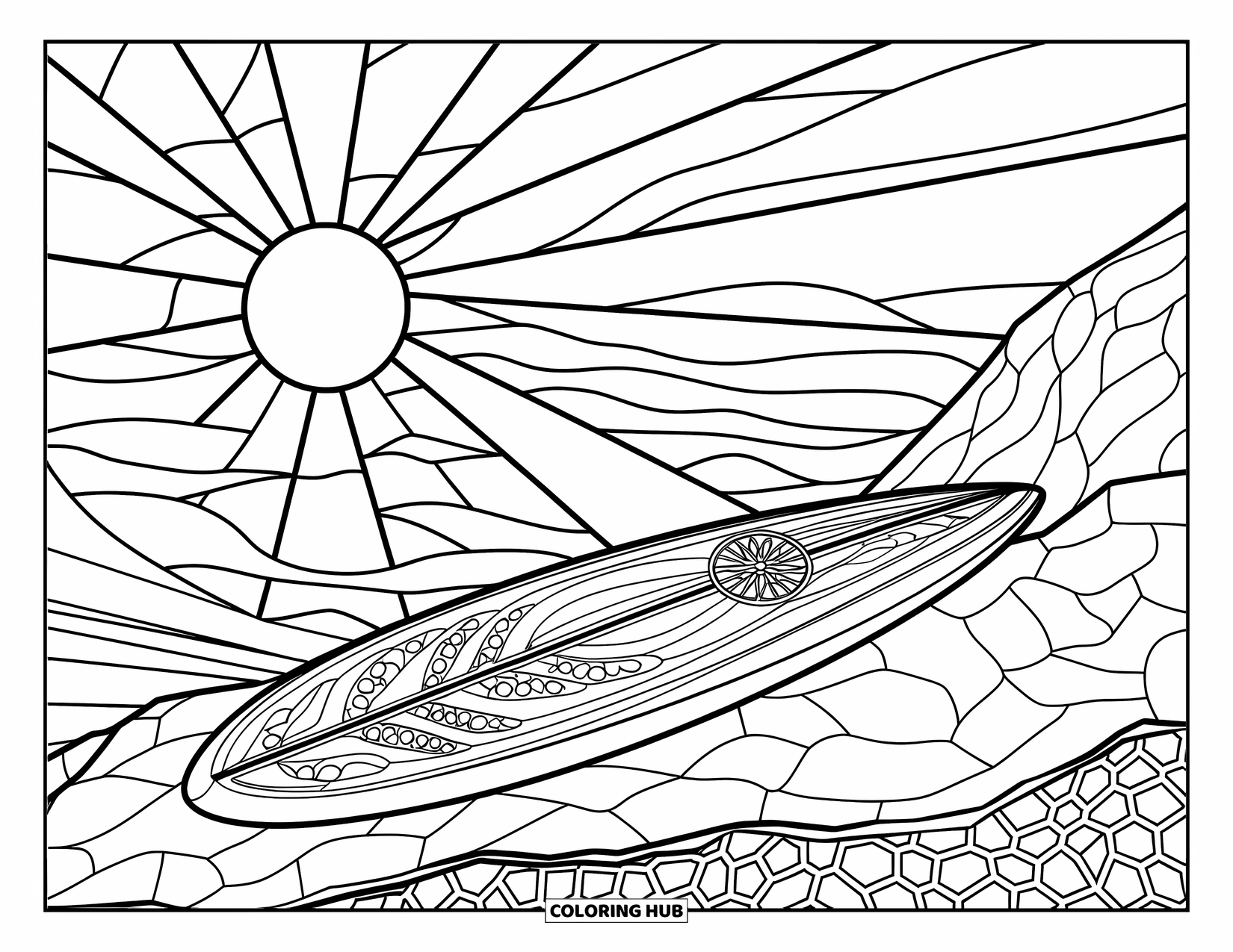 Surfing Coloring Page for Adults: A surfboard on a rocky beach shines beneath stained-glass waves and sun