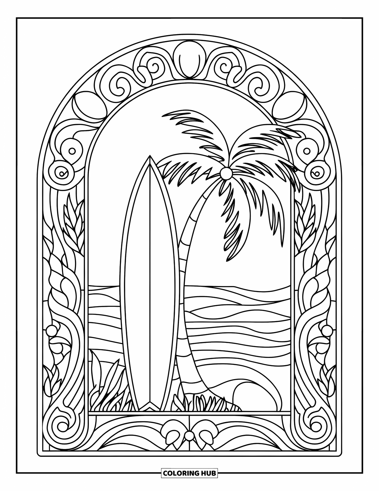 Surfing Coloring Page for Adults: A surfboard rests by a palm within swirling stained-glass sea motifs