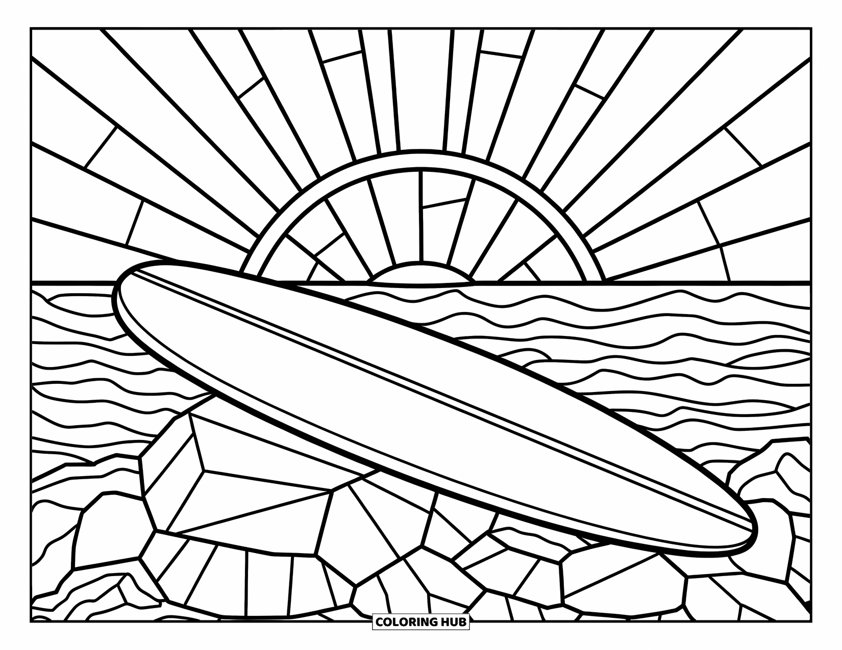 Surfing Coloring Page for Adults: A surfboard rests on rocks beneath stained-glass rays of sun and sea