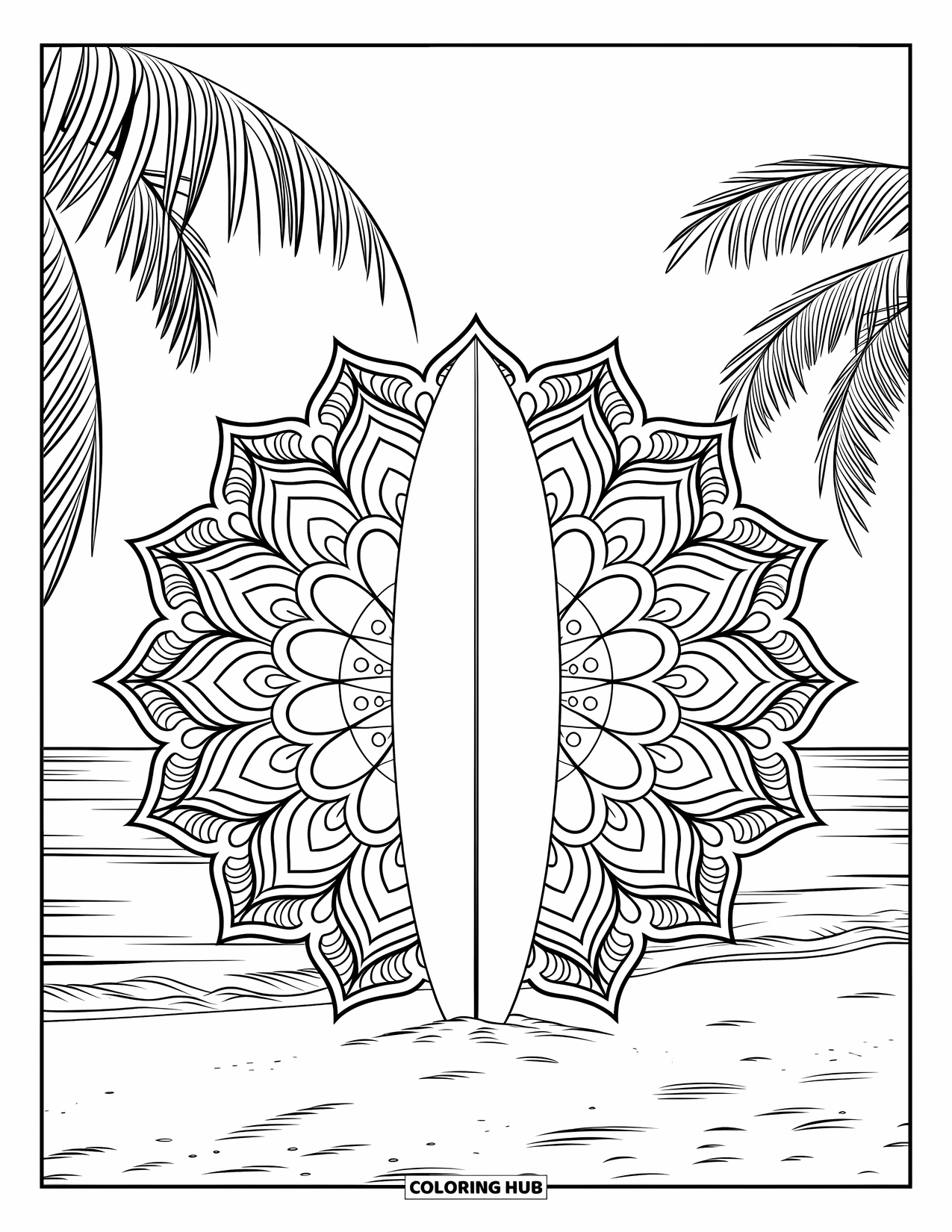 Surfing Coloring Page for Adults: A surfboard stands upright in sand within a floral mandala of waves