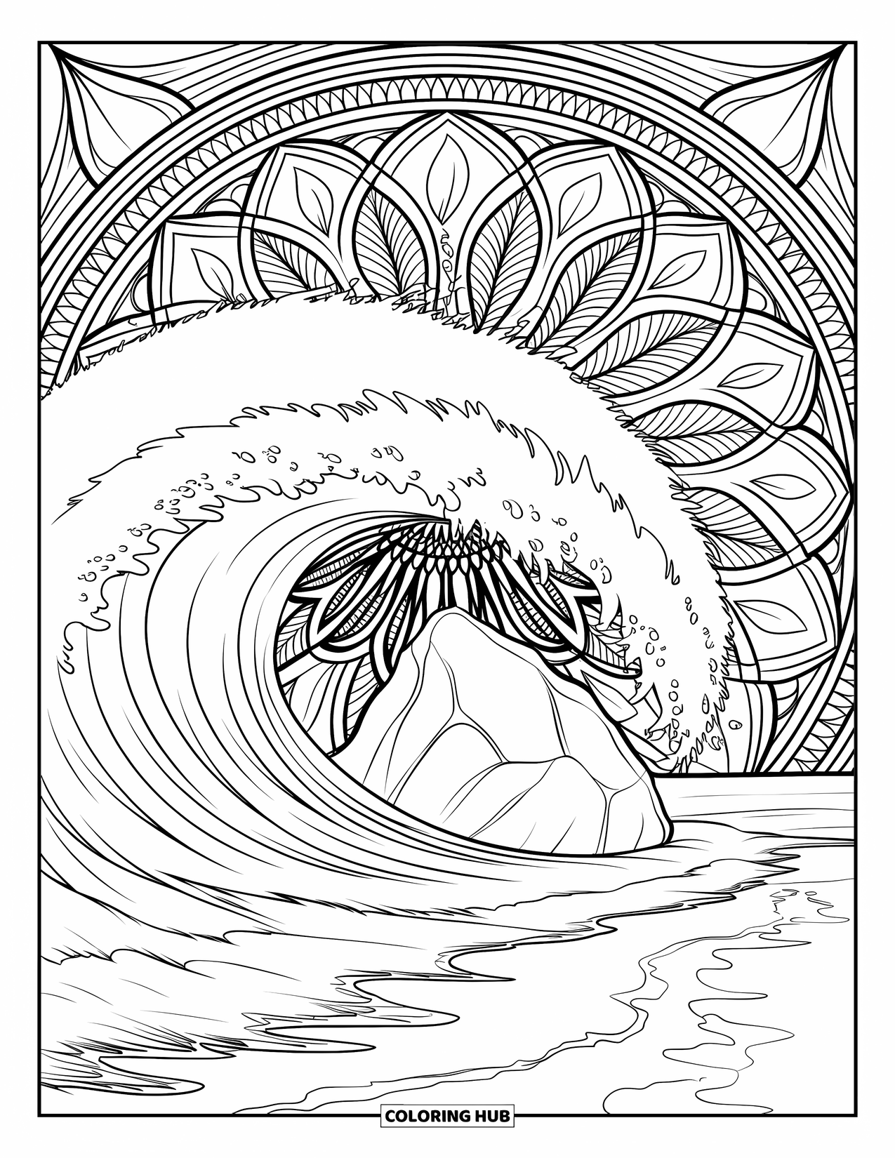 Surfing Coloring Page for Adults: Foamy waves curl around a rock bordered by tropical leaf designs