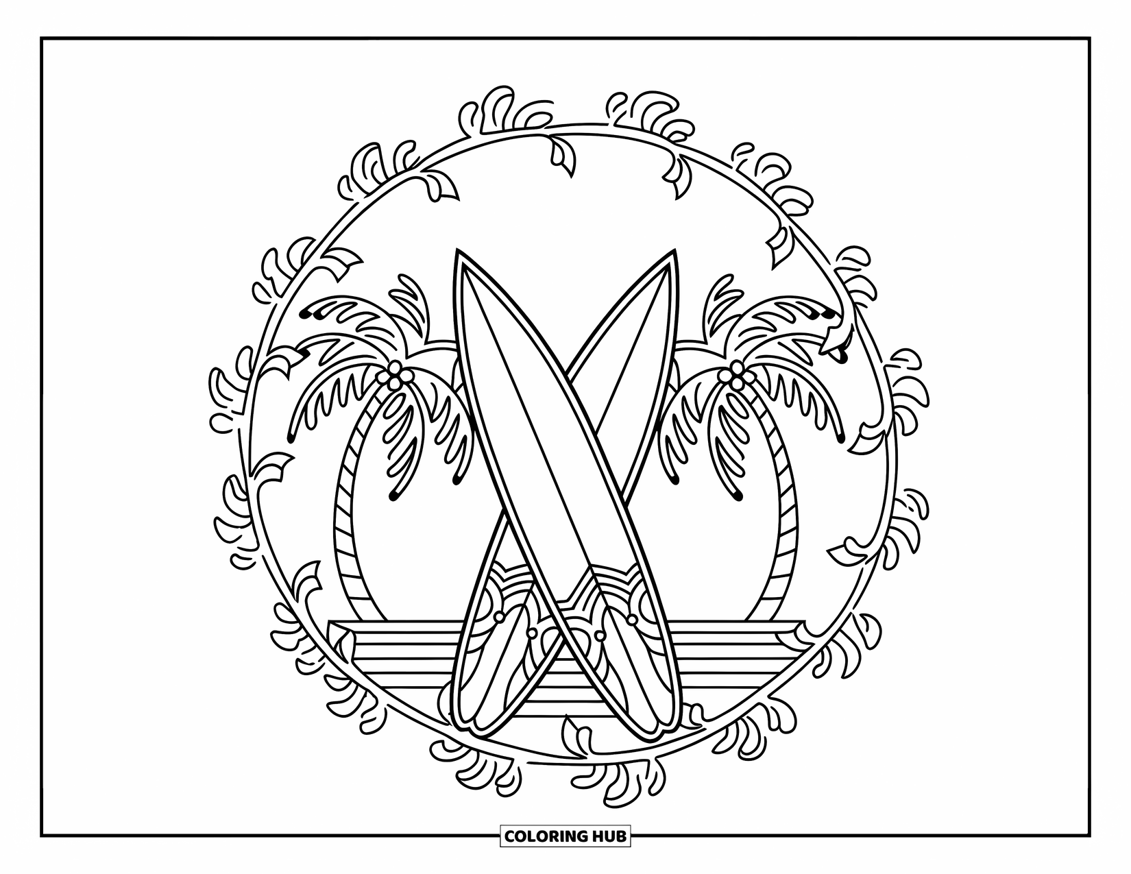 Surfing Coloring Page for Adults: Surfboards and palms are encircled by detailed vines in a relaxing mandala