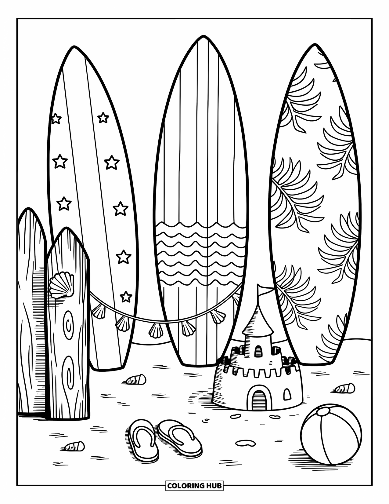 Surfing Coloring Page for Adults: Three surfboards and a sandcastle sit by the shore under a soft sky