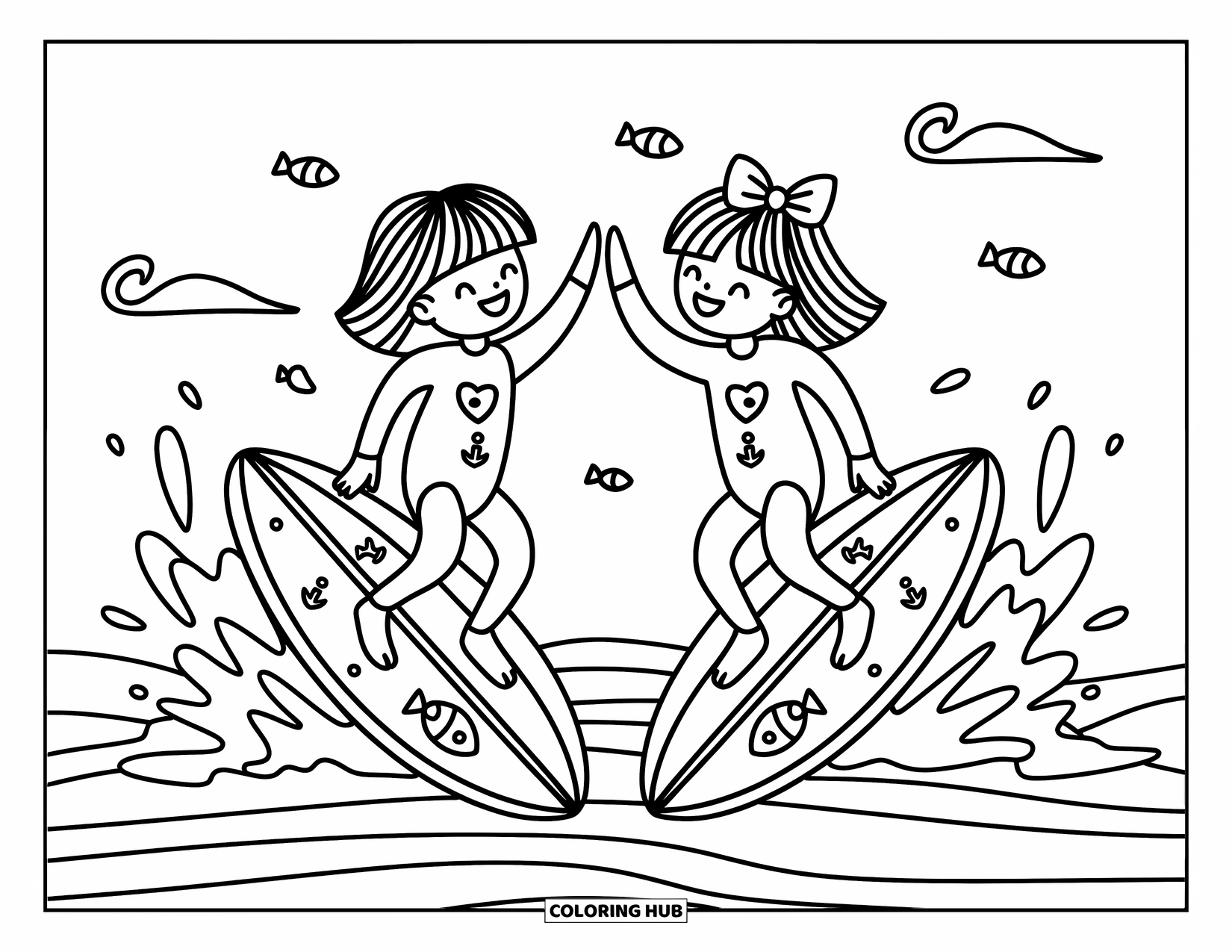 Surfing Coloring Page for Adults: Two friends surf together, sharing a joyful high-five under the sun