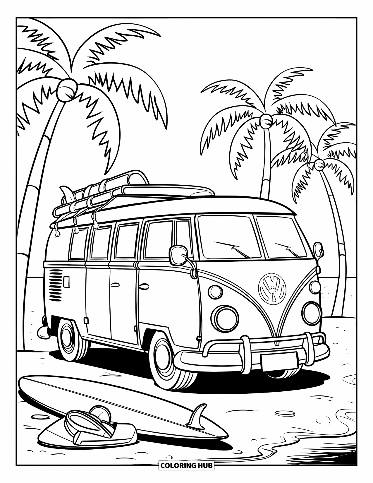 Surfing Coloring Page for Kids: A beach van sits on the sand with surfboards and gear nearby