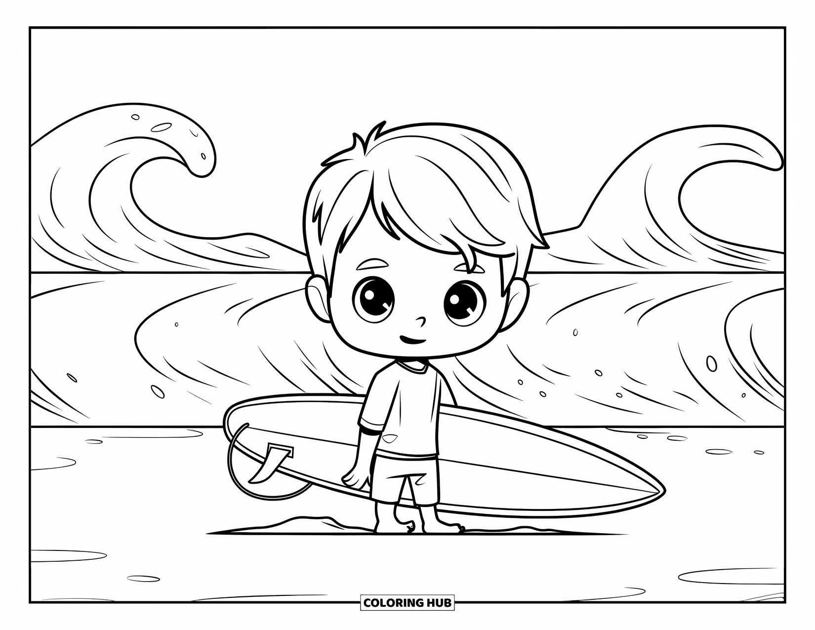 Surfing Coloring Page for Kids: A boy stands on sand, waxing his surfboard near gentle waves