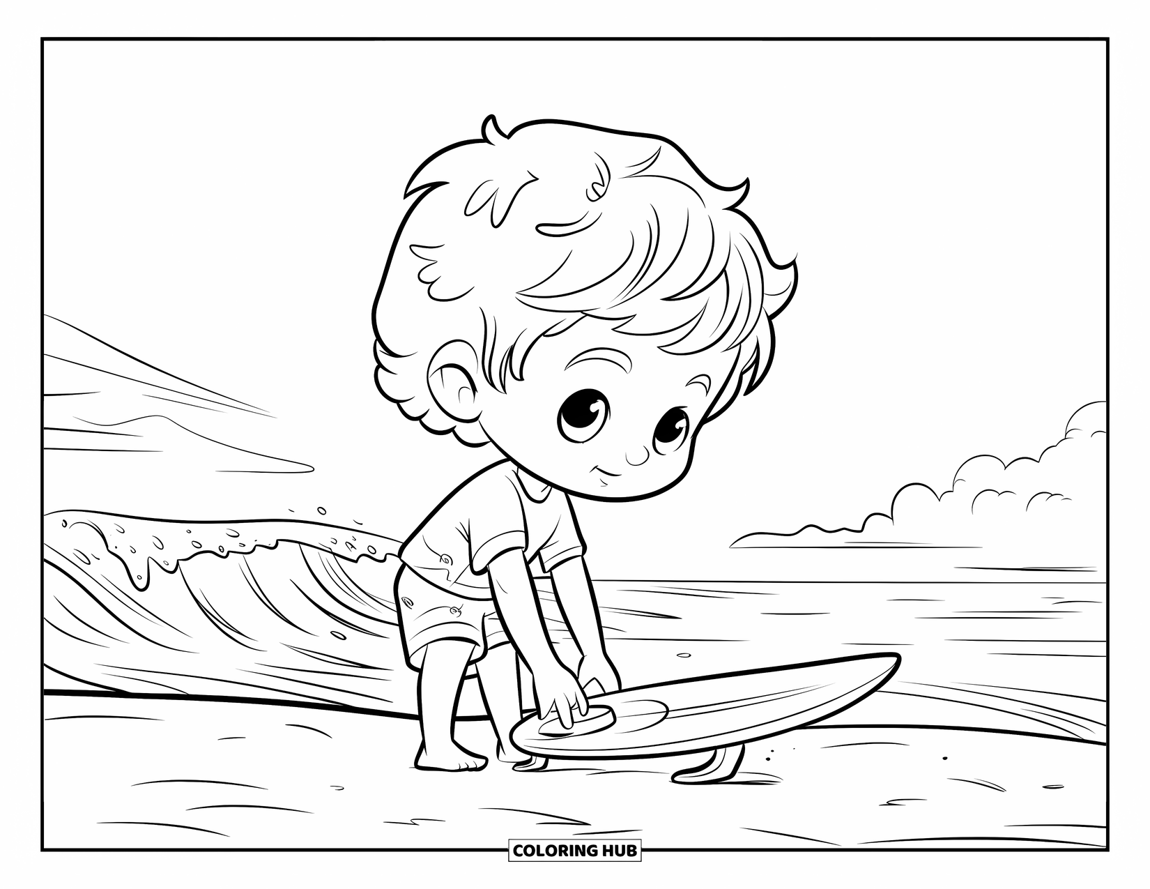 Surfing Coloring Page for Kids: A boy waxes his board on sandy ground with waves in the distance