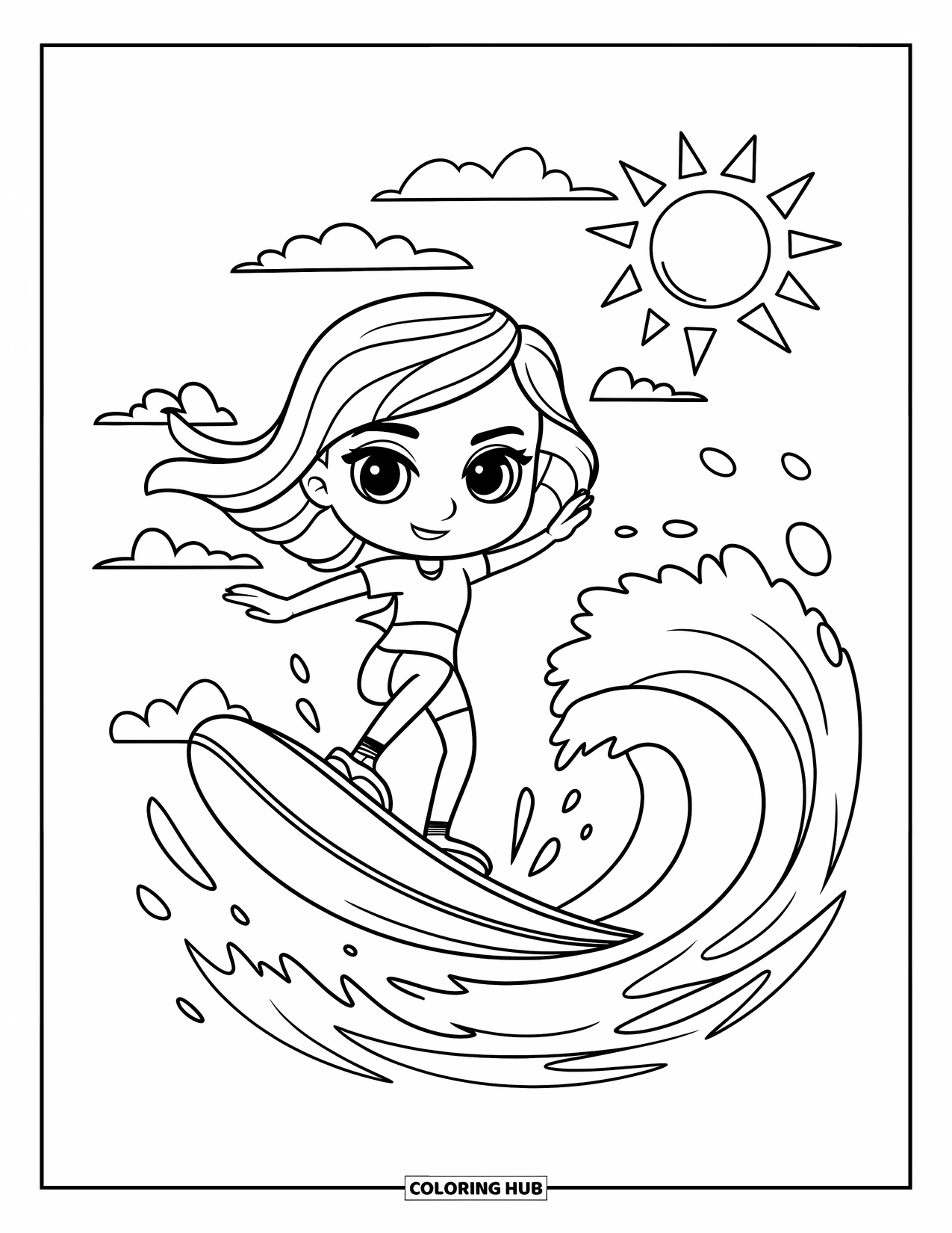 Surfing Coloring Page for Kids: A small girl jumps on her board under a sunny sky