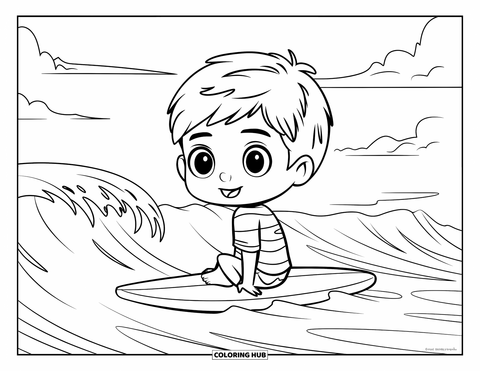 Surfing Coloring Page for Kids: A smiling boy rests on his surfboard beneath flying seagulls
