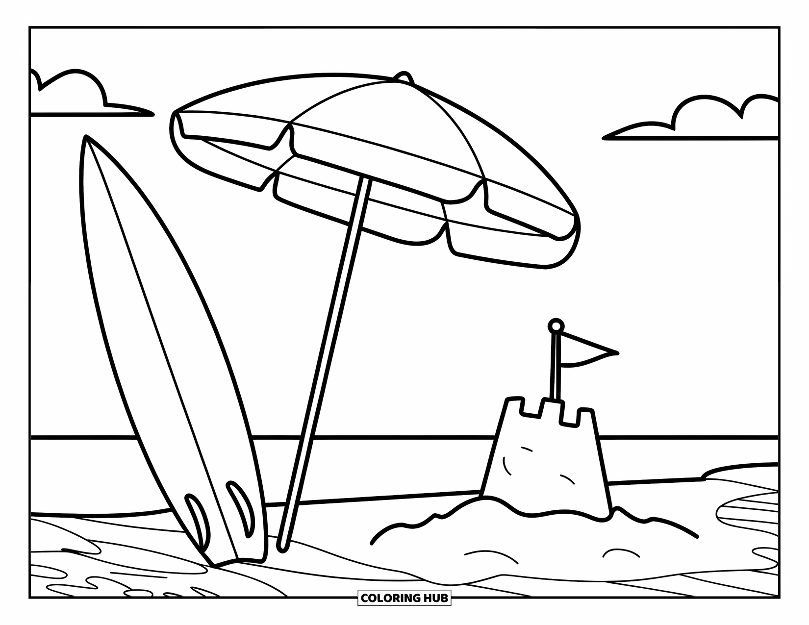 Surfing Coloring Page for Kids: A surfboard and umbrella rest on sand under a few clouds