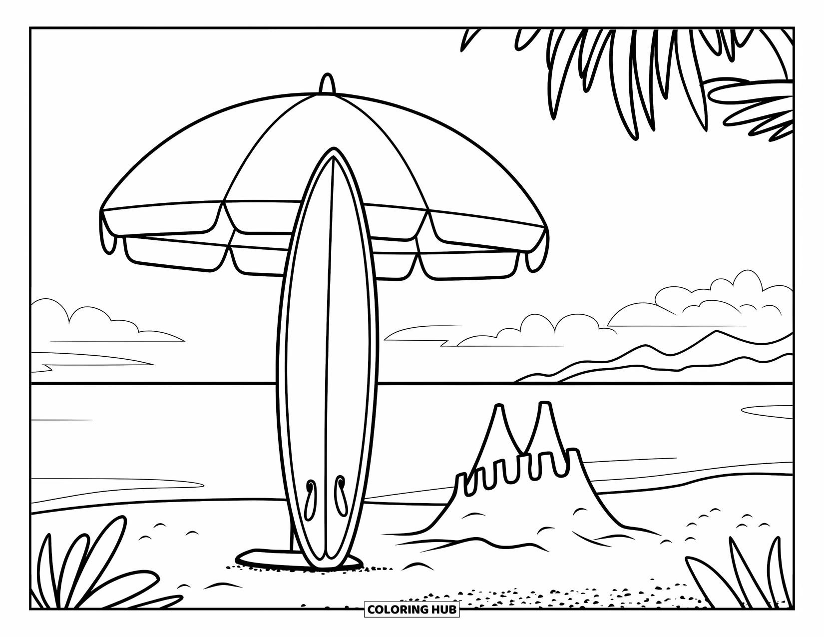 Surfing Coloring Page for Kids: A surfboard and umbrella stand on sand beneath a sunny sky