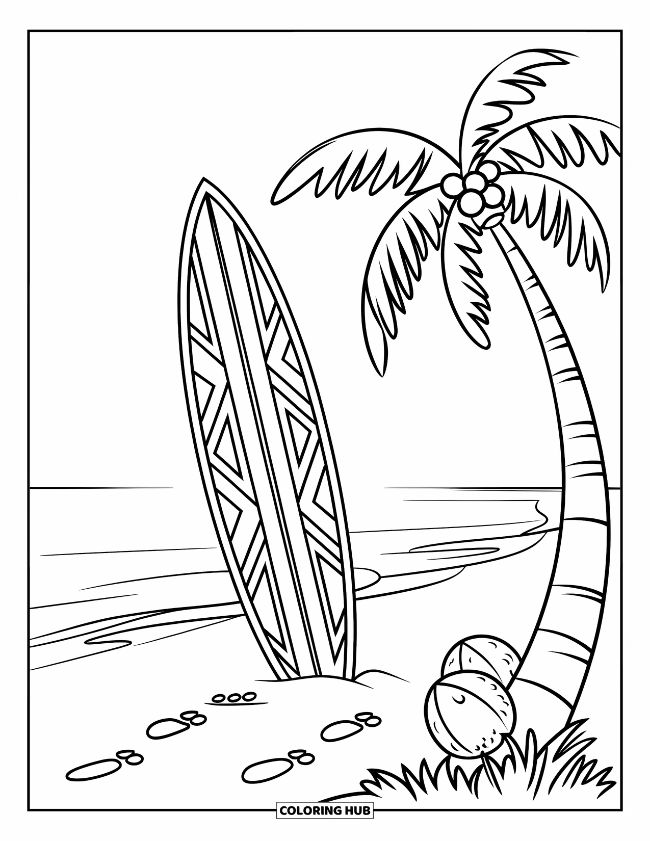 Surfing Coloring Page for Kids: A surfboard in the sand stands next to a coconut palm
