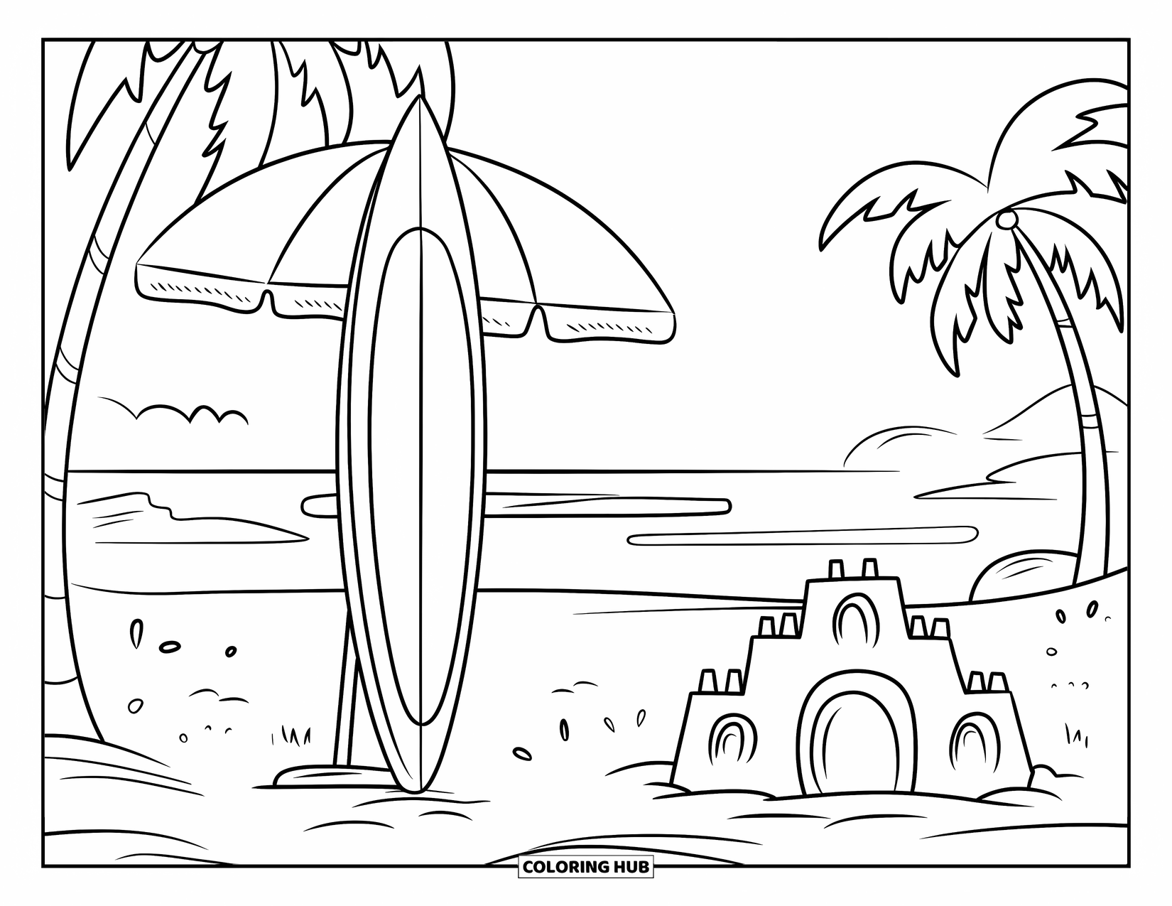 Surfing Coloring Page for Kids: A surfboard leans on a beach umbrella beside a sandcastle