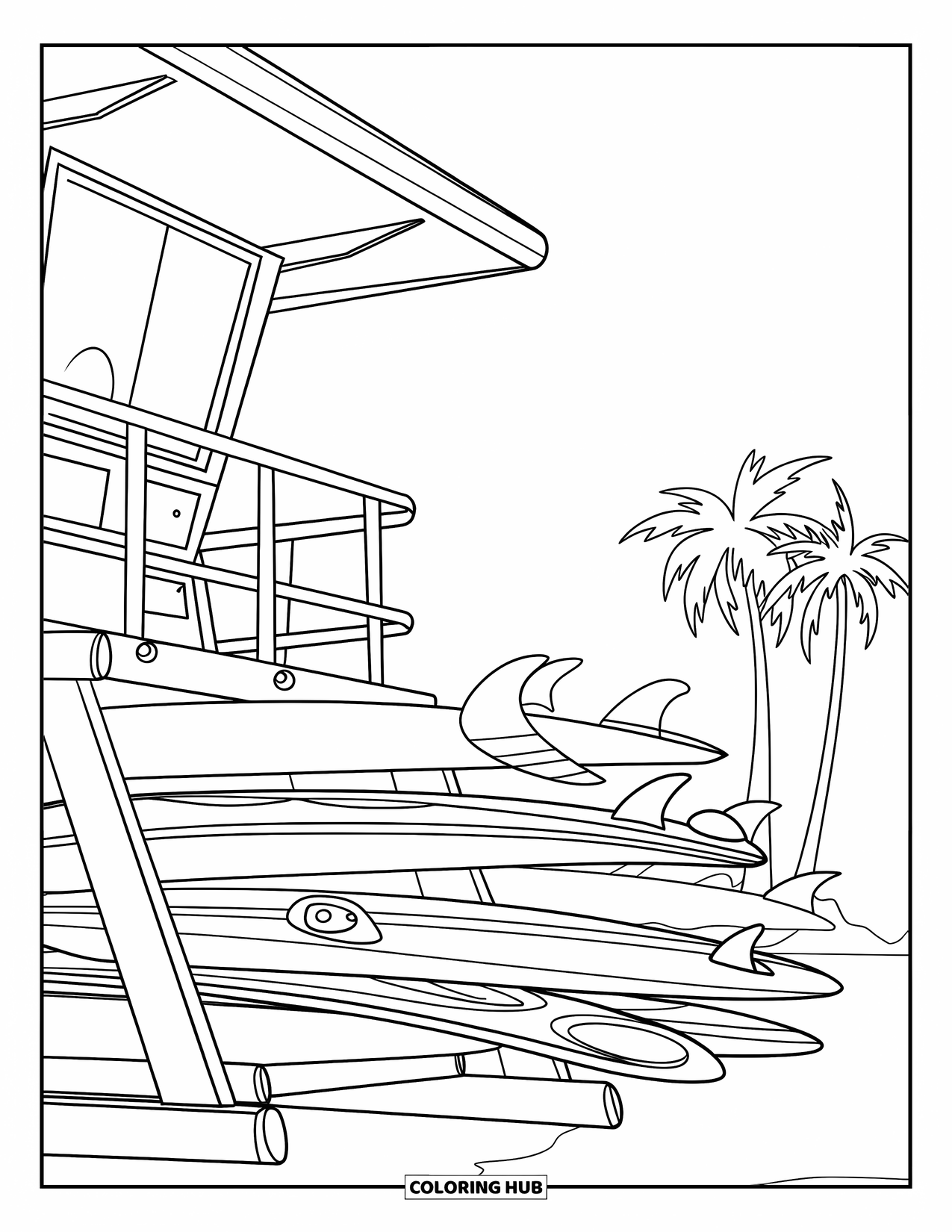 Surfing Coloring Page for Kids: A surfboard rack stands near a lifeguard tower under a bright sky