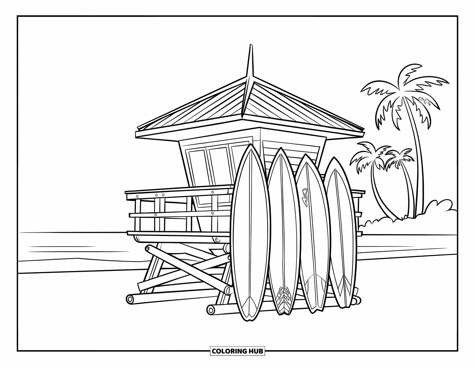 Surfing Coloring Page for Kids: A tower overlooks surfboards and palms under a clear horizon