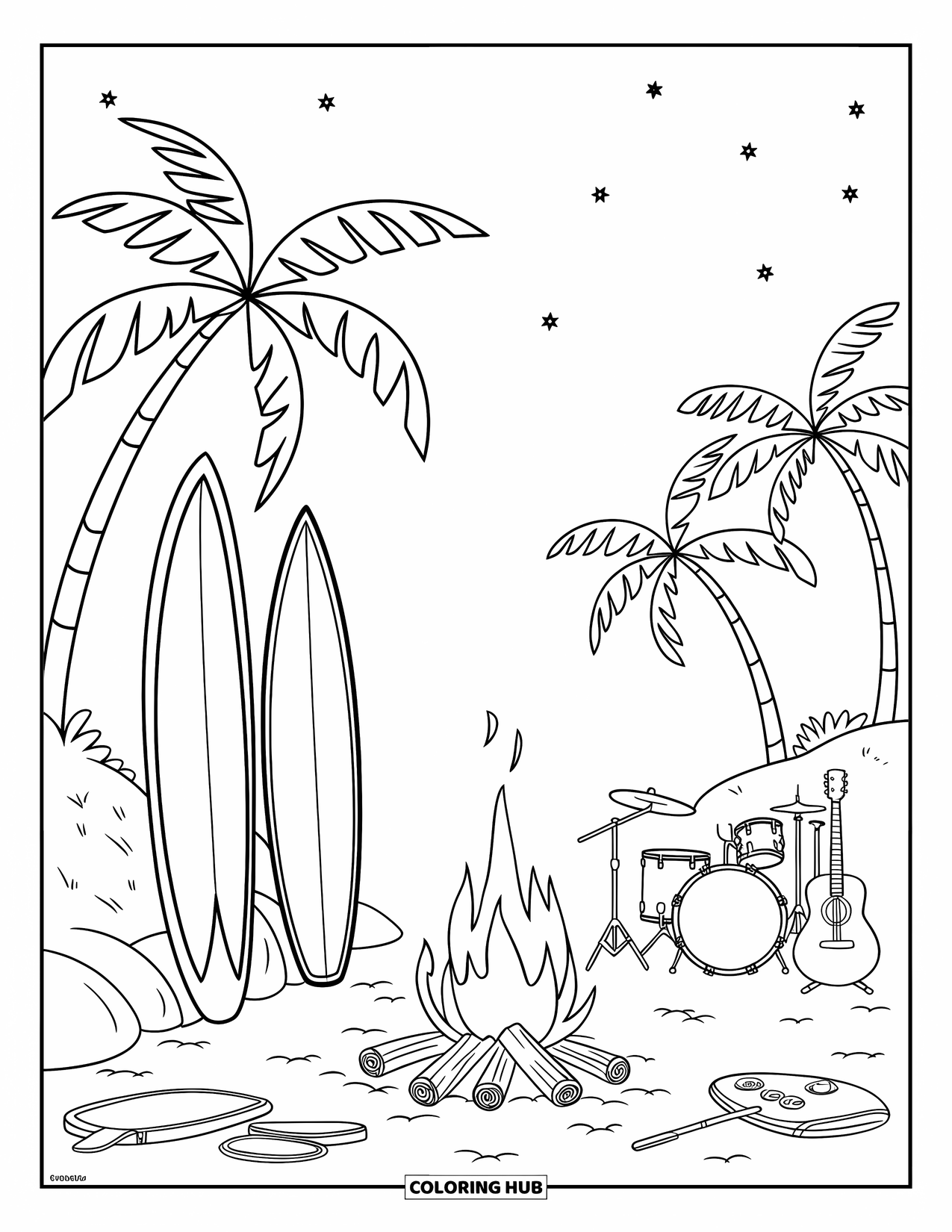 Surfing Coloring Page for Kids: Friends play music by a bonfire under palm trees at night