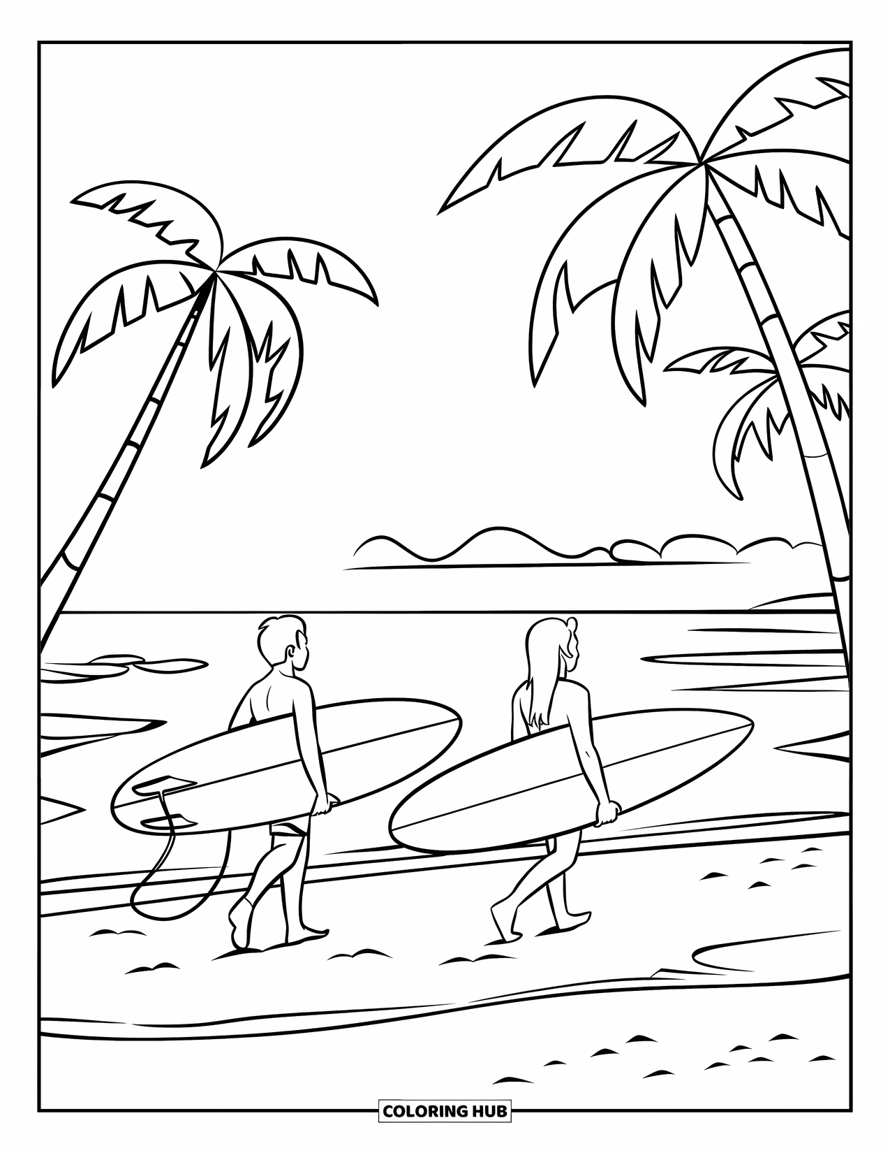 Surfing Coloring Page for Kids: Two friends carry surfboards toward the ocean under sunny skies