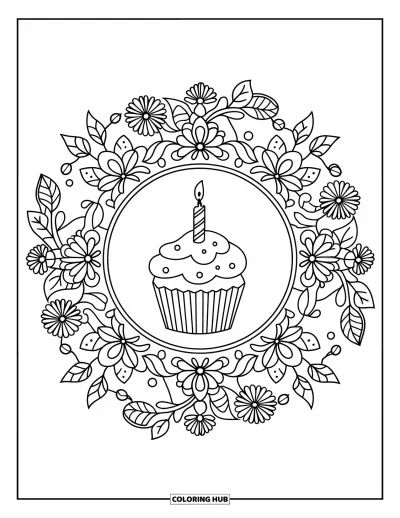 Desenho de doces e sobremesas para colorir para adultos: Um cupcake de aniversário com velinha está rodeado de folhas e cipós em mandala