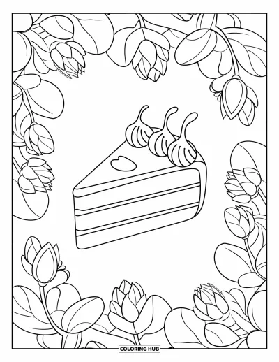 Desenho de doces e sobremesas para colorir para adultos: Uma fatia de bolo é emoldurada por flores de lótus e folhas em contornos marcantes