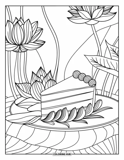 Desenho de doces e sobremesas para colorir para adultos: Uma fatia de bolo em um prato está rodeada de elegantes flores de lótus e folhas