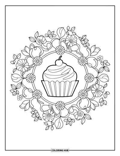 Desenho de doces e sobremesas para colorir para adultos: Um cupcake brilha no centro de uma mandala detalhada de flores e folhas