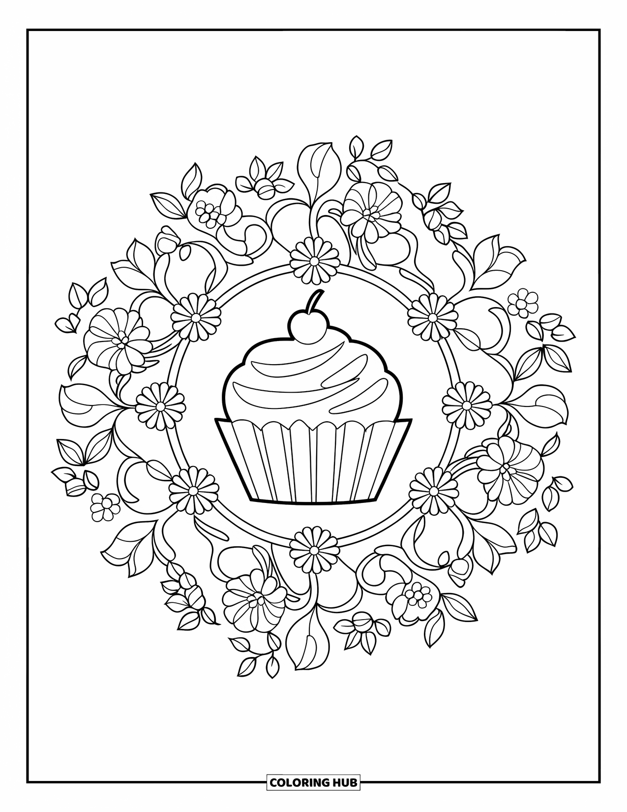 Sweet Treats Coloring Page for Adults: A cupcake shines at the center of a detailed flower and leaf mandala