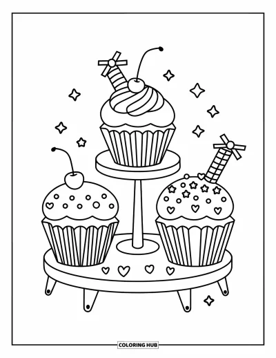 Desenho de doces e sobremesas para colorir para adultos: Uma torre de cupcakes exibe designs encantadores com cerejas, confeitos e palitos de wafer