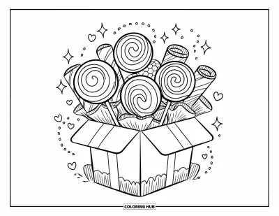 Desenho de doces e sobremesas para colorir para adultos: Um buquê fofo de pirulitos e corações aparece em uma caixinha de presente