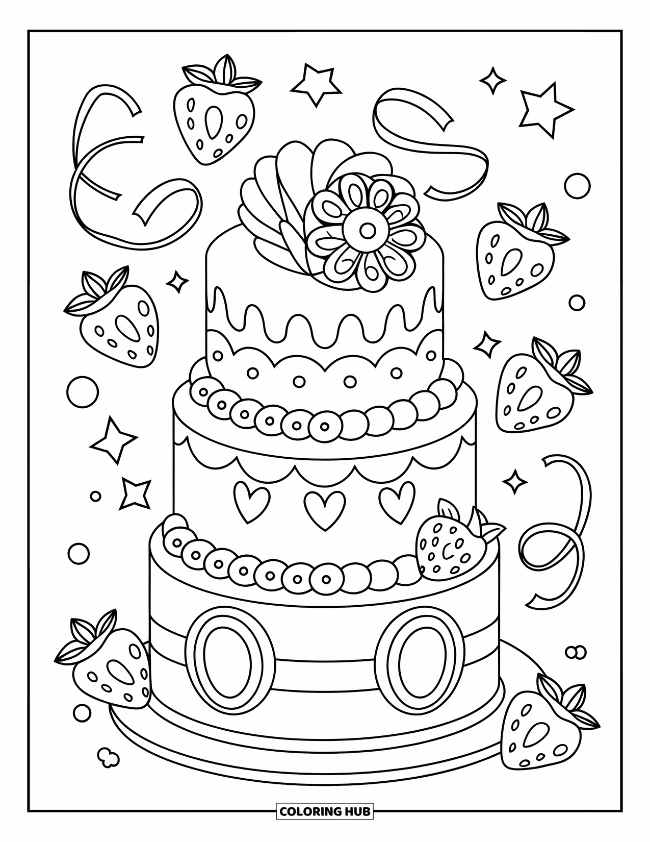 Sweet Treats Coloring Page for Adults: A cute cake with frosting and stars sits on a ruffled stand with ribbons
