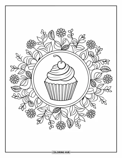 Desenho de doces e sobremesas para colorir para adultos: Um cupcake fofo com cereja está encaixado em um círculo de mandala floral