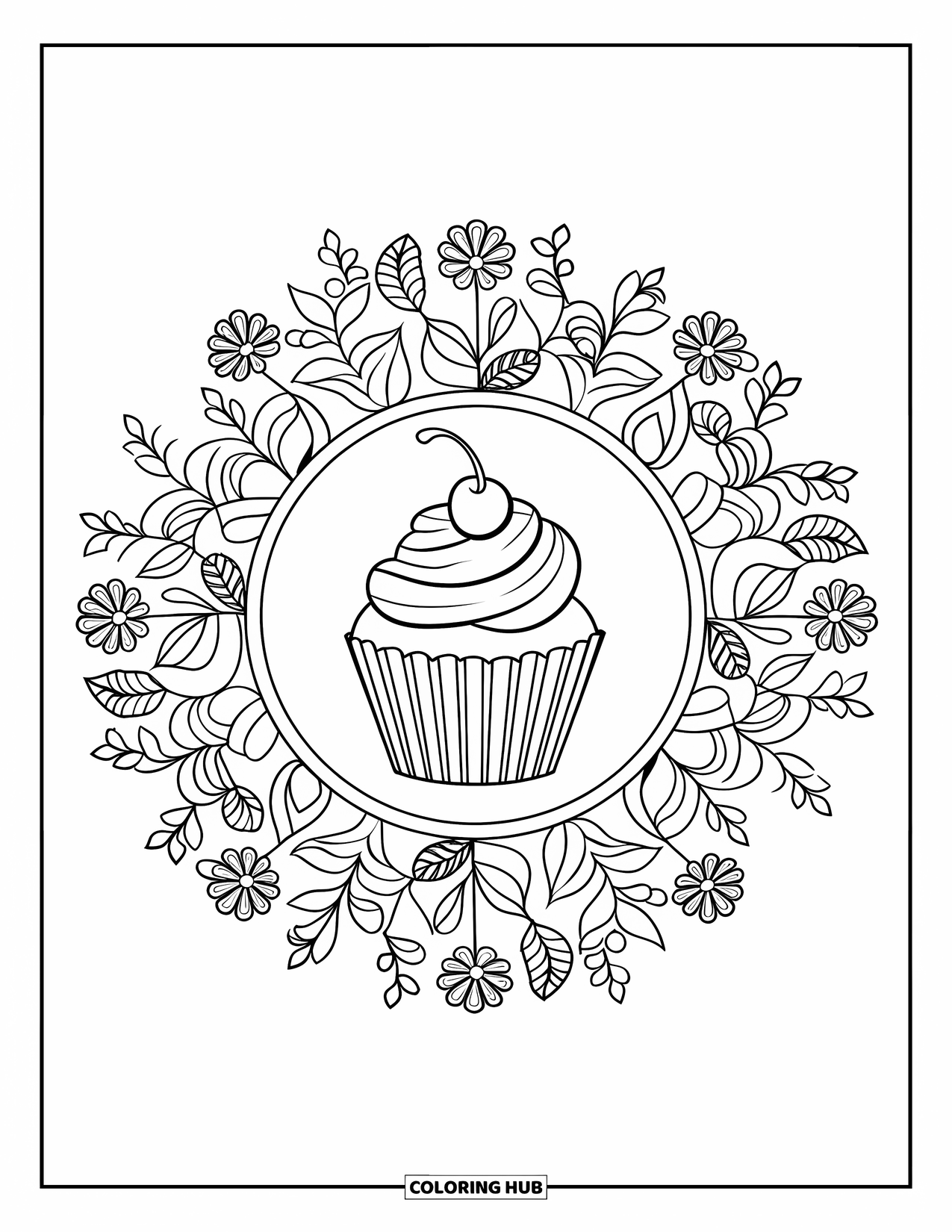 Sweet Treats Coloring Page for Adults: A cute cupcake with a cherry is nestled in a floral mandala circle