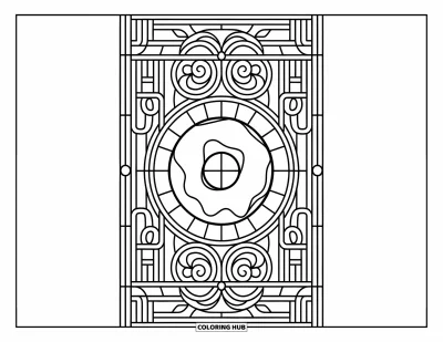 Desenho de doces e sobremesas para colorir para adultos: Um donut está dentro de uma moldura elaborada de vitral com linhas nítidas e marcantes