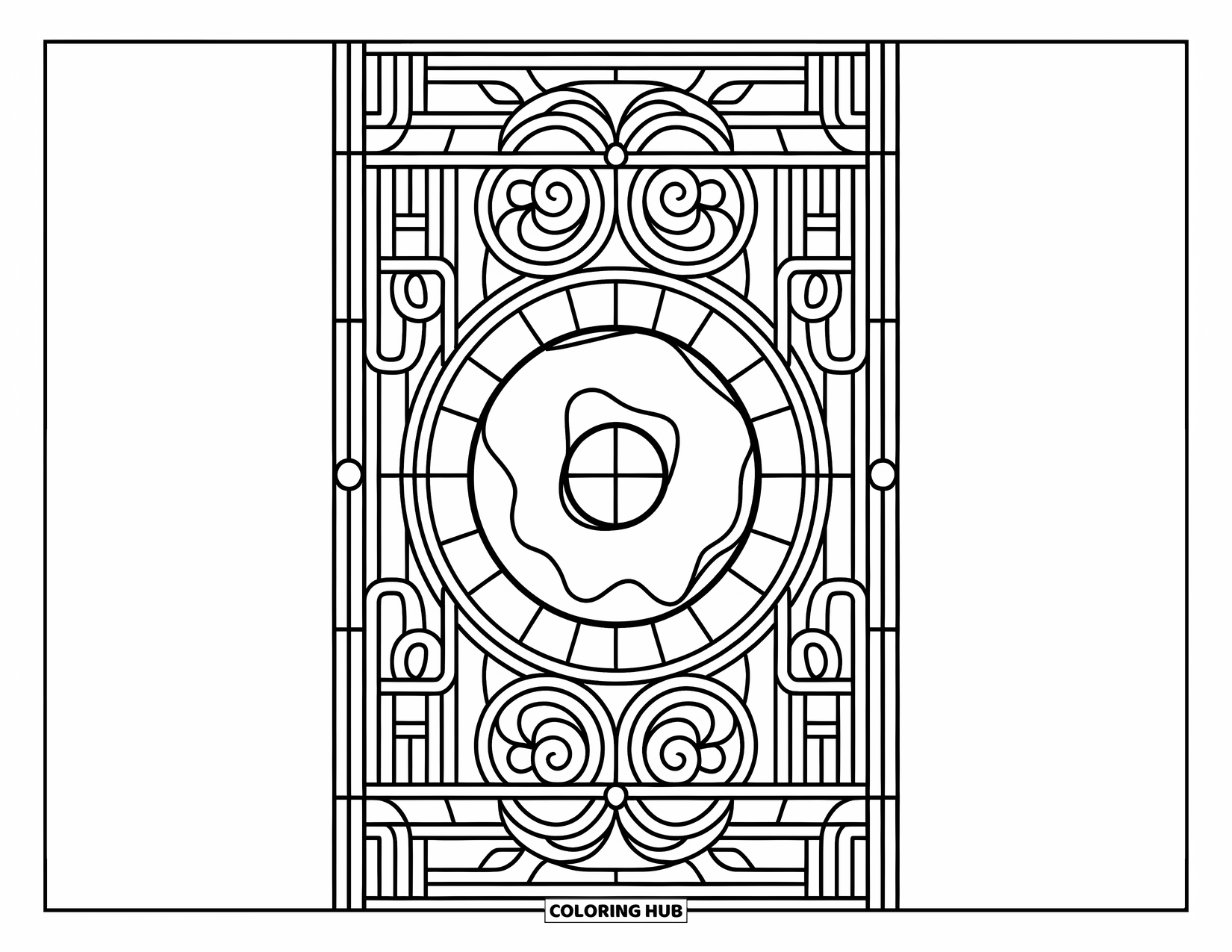 Sweet Treats Coloring Page for Adults: A donut treat rests inside a fancy stained glass frame with clean, bold lines