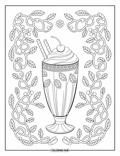 Desenho de doces e sobremesas para colorir para adultos: Um milk-shake sofisticado com cereja está no centro de linhas de mandala em forma de cipó