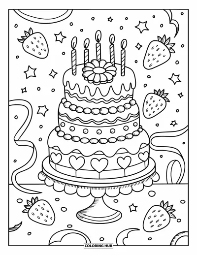 Desenho de doces e sobremesas para colorir para adultos: Um bolo festivo está em um prato rendado com morangos, estrelas e fitas acima