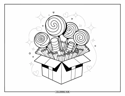 Desenho de doces e sobremesas para colorir para adultos: Uma caixa de presente transborda de pirulitos espirais, bastões de bala, corações e brilhos