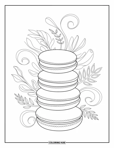 Desenho de doces e sobremesas para colorir para adultos: Uma torre de macarons se destaca com redemoinhos botânicos e detalhes de mandala precisos